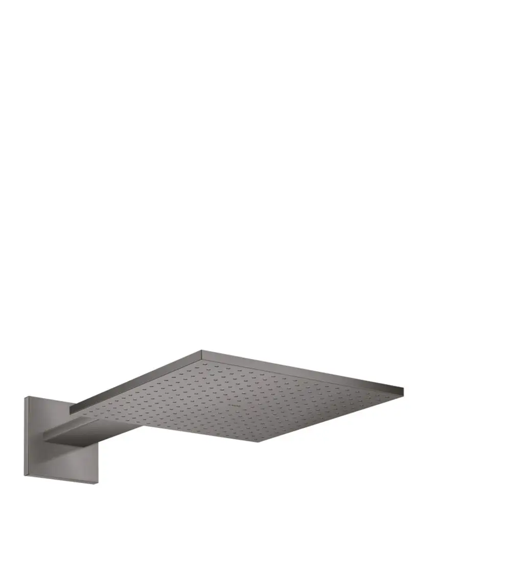 Axor Duschkopf mit flacher, quadratischer Oberfläche und Düsen im formativen Design, montiert an einer Wandhalterung in gebürstetem Schwarzchrom.